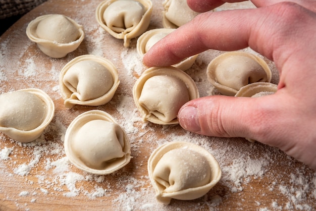 Preparation dumplings on wooden board.