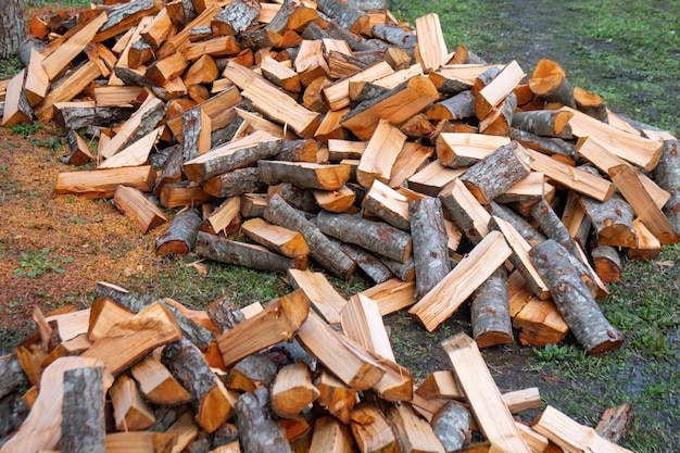 冬の薪の準備。薪の背景、森の中の薪のスタック。薪の山