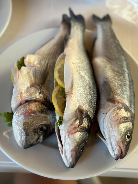 プレートにレモンをつけたグリルの魚魚市場のクロアチアの魚