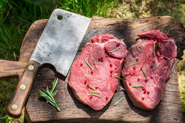 Preparation fresh beef with rosemary for grilling