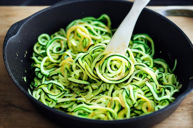 Photo preparation of fresh homemade zucchini pasta with butter and cream sauce