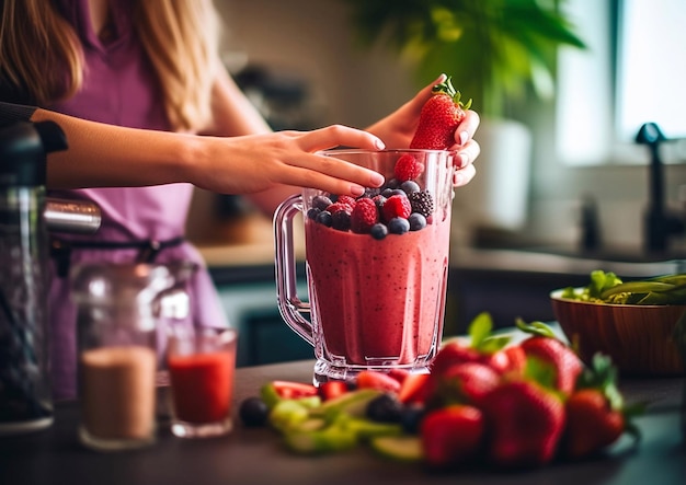 Photo preparation of healthy vegan fruit and berry smoothie cocktail in kitchenai generative