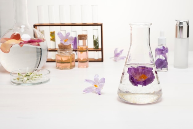 Preparation of perfumes from natural ingredients aromatherapy Fresh flowers in chemical flasks and test tubes