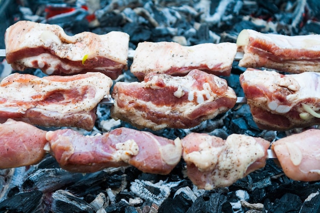 preparation of a shish kebab from pork meat on coals