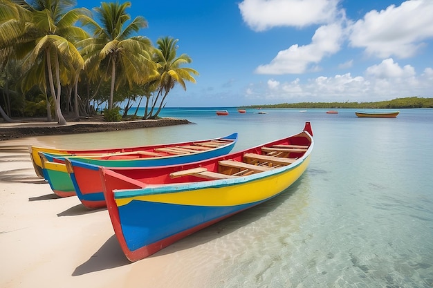 Preparation for start of a sailing regatta in Mauritius Colorful traditional Mauritian wooden boat called Pirogue