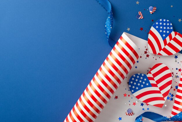アメリカ合衆国 独立記念日 記念日 の 様子 を 描く 絵画  旗 の 模様 を 描い て いる 紙 の 巻き 紙 の 心 の 形 の デザイン  文字 の ため の 空間 を 提供 し て いる 青い 背景 