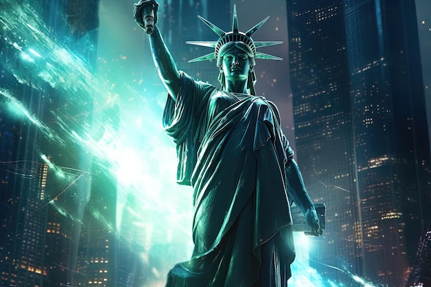 Prepare for an otherworldly encounter as the Statue of Liberty holds a futuristic laser gun defending liberty with a blend of science fiction and manga style heroism illustration generative ai