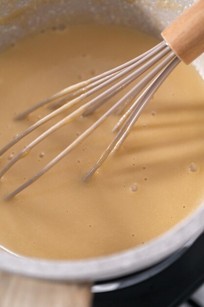 Prepare toffee glaze in a small sauce pan over an electric stove.