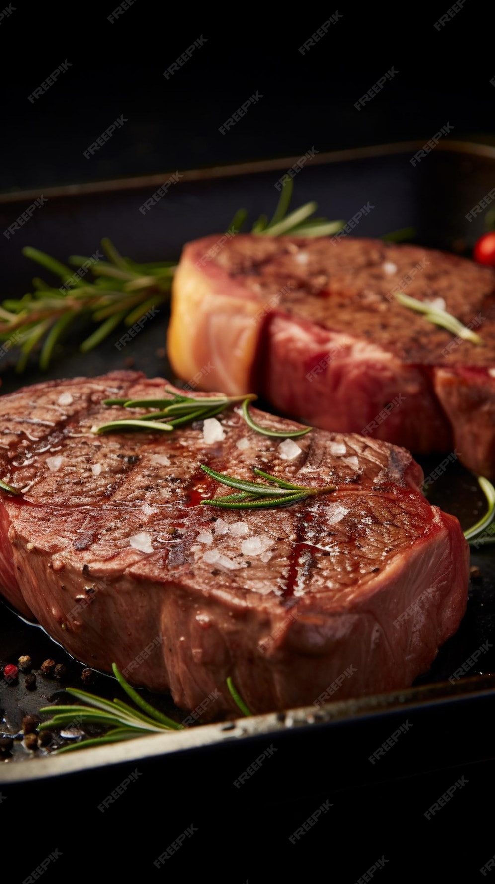Premium AI Image Prepared Angus leg steak with rosemary on steel pan