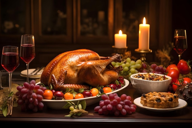 Prepared feast with turkey wine candles grapes tomatoes Turkey as the main dish of thanksgiving for the harvest An atmosphere of joy and celebration