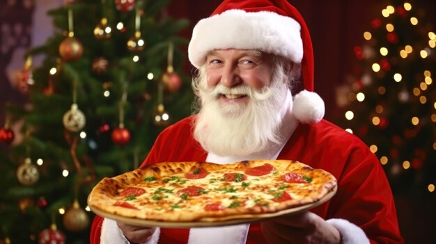 Prepared food for the holidays Pizza in the hands of Santa Claus