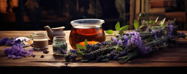 Prepared hot tea in a cup on the table with herbs Generative AI