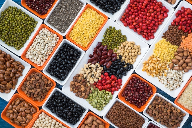 Prepared multicolor dried beans on table for cooking