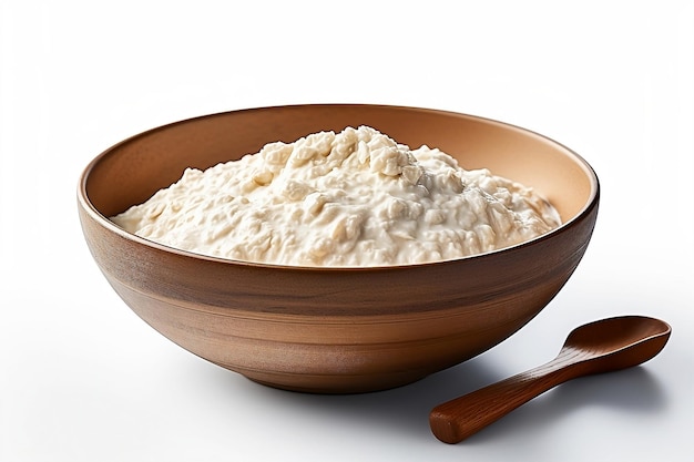 Prepared oat porridge in wooden bowl on white background