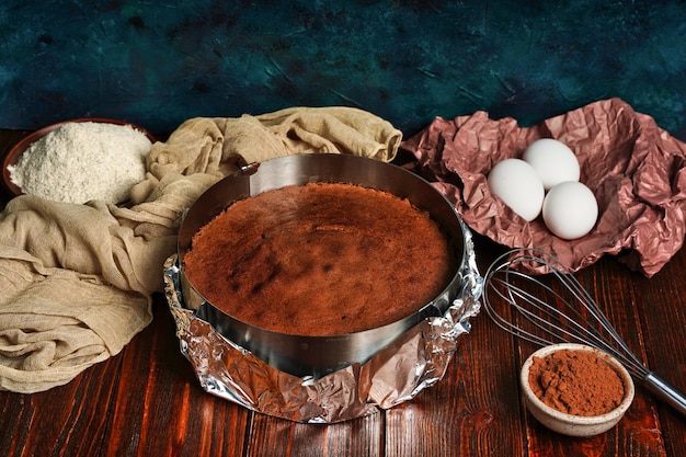 Preparing and baking a homemade chocolate sponge biscuit cake Cooking homemade cake Home confectionery