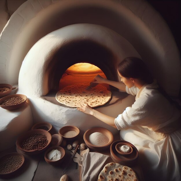 Preparing bread in clay oven