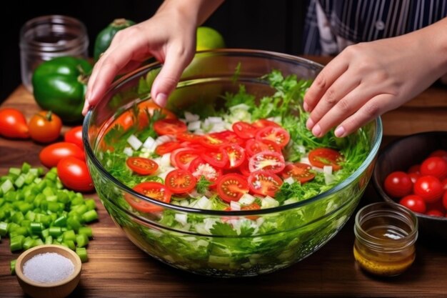 Foto preparazione di insalata di cactus con le mani lanciando verdure in una ciotola trasparente