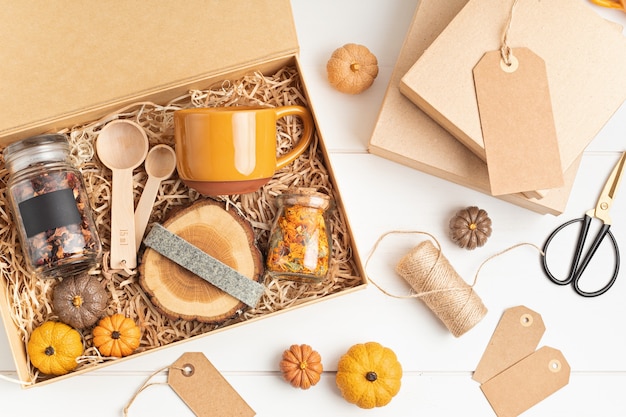 Photo preparing care package, seasonal gift box with plastic free, zero waste products.