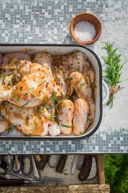 Preparing chicken legs with rosemary and salt