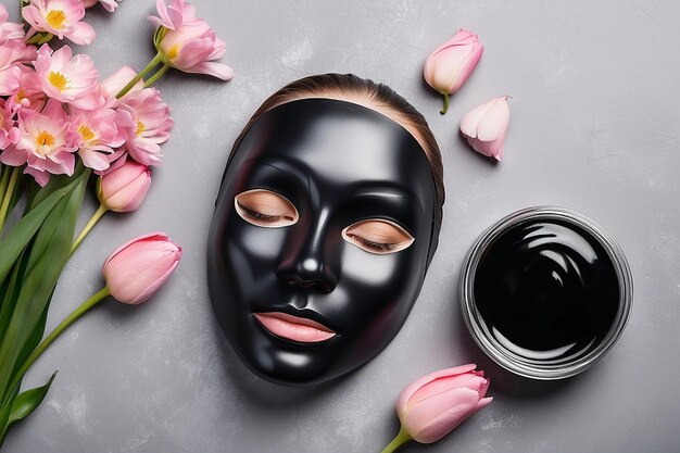 Photo preparing cosmetic black mask with spring flowers on gray background copy space
