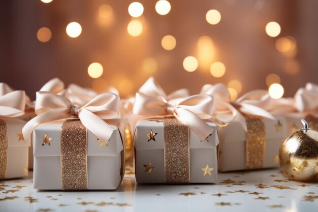 Preparing Festive wedding celebration white gift box with pearl ribbons and golden flying confetti