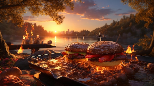 preparing a hamburger in the park on a barbecue grill