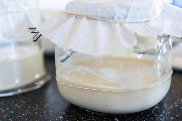 Preparing homemade sourdough starter for baking bread.