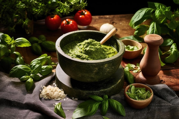 Preparing Italian pesto genovese sauce traditionally using mortar and pestle from a top view