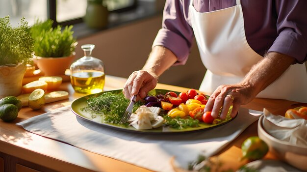 Foto preparare un pasto mediterraneo ricco di olio d'oliva e verdure