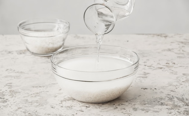 Preparing of rice water on table