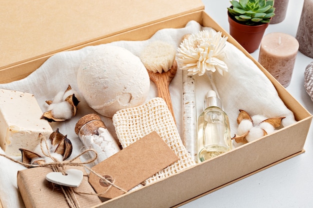 Preparing self care package and seasonal gift box with zero waste cosmetics products