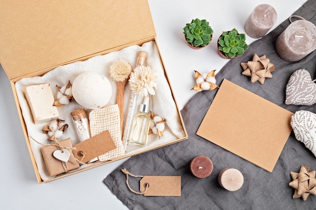 Preparing self care package and seasonal gift box with zero waste cosmetics products