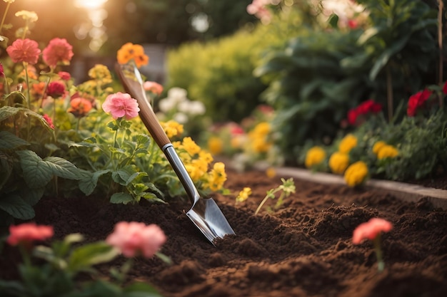 庭園の植物を植えるための土の準備 晴れた夏の夕方に花の床でスペードのクローズアップ