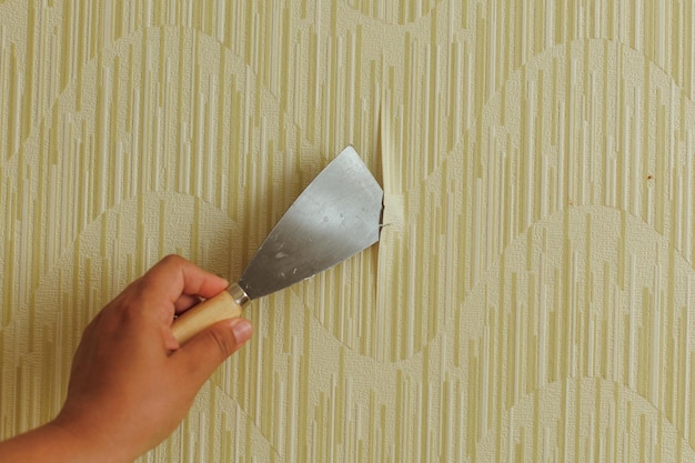 Preparing the wall for painting or sticking new wallpaper Woman in gloves with a scraper in the process of removing old wallpaper wetted with a special solution surface