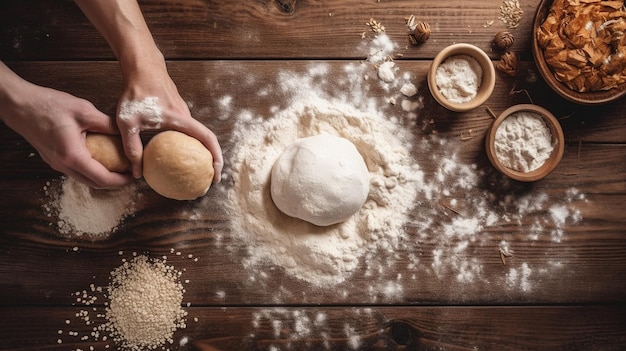 Preparing yeast dough for bread on wooden table