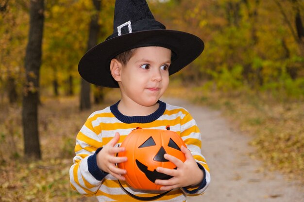 A preschool boy holds a pumpkin with candy in the autumn forest.