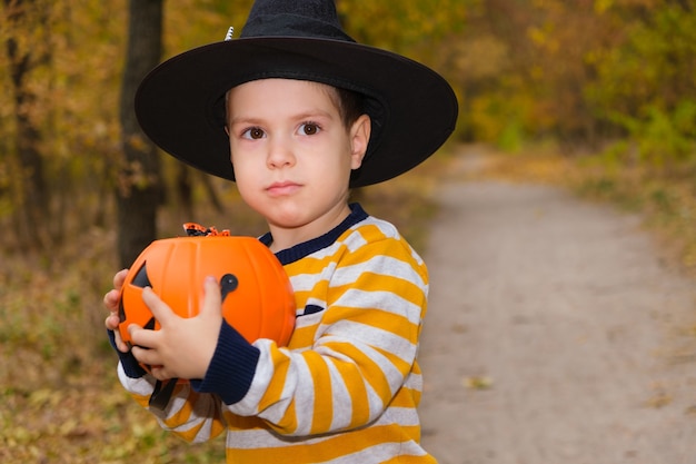 A preschool boy holds a pumpkin with candy in the autumn Halloween forest.