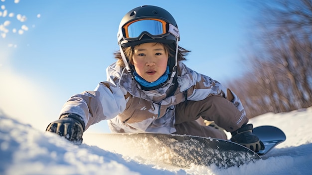 preschool child snowboarding on mountain High quality photo