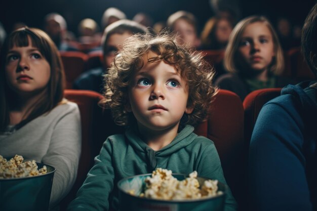 Foto bambino in età prescolare che guarda un film al cinema con popcorn ai generativa