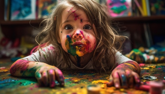 Photo preschool children playing with watercolor paints creating messy paintings joyfully generated by ai