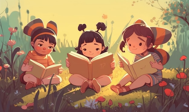 Preschool children reading books flat illustration in the summertime with bees Generative AI