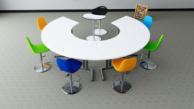 Photo preschool classroom idea with round table and colorful seat carpet floor concept 3d rendering