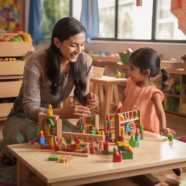 Preschool indian teacher with children playing