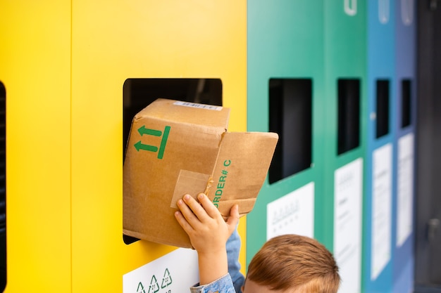 Preschooler carries household sorted garbage for recycling into containers garbage recycling concept