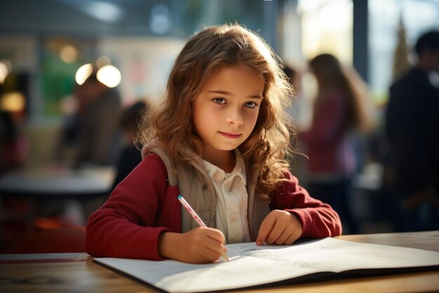 Preschooler girl drawing in notebook at table in middle class school education