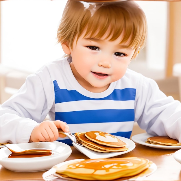 Photo a preschooler savoring a plate of homemade pancakes ai generated