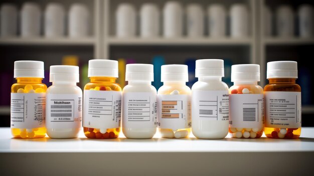 사진 약국 의 선반 에 배열 된 처방전 병 과 의약품 라벨 은 밝고 쾌적 한 곳 이다