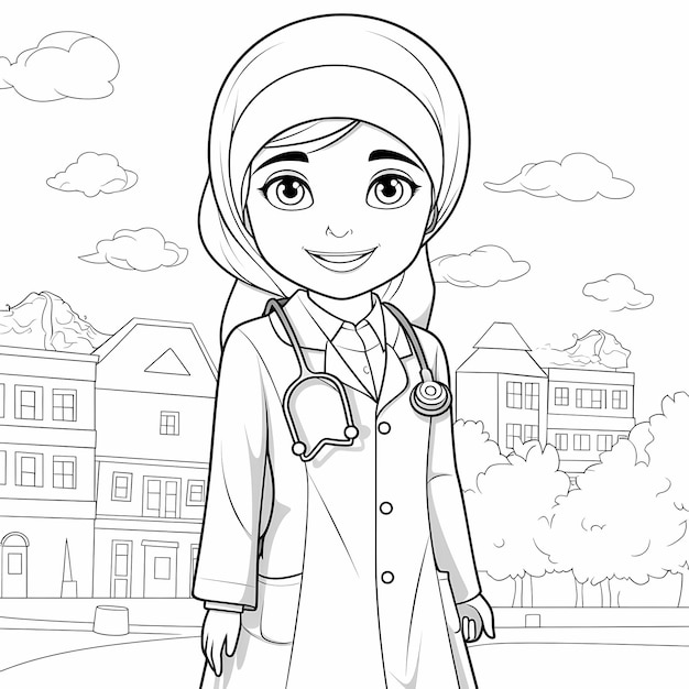 Prescription of creativity coloring pages featuring a fiveyearold muslim doctor