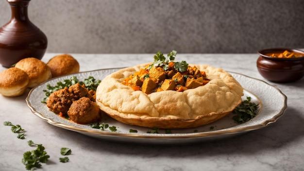 Present Bhature on an elegant plate against a white background allowing viewers to appreciate the d