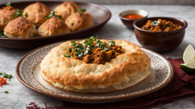 Present Bhature on an elegant plate against a white background allowing viewers to appreciate the d